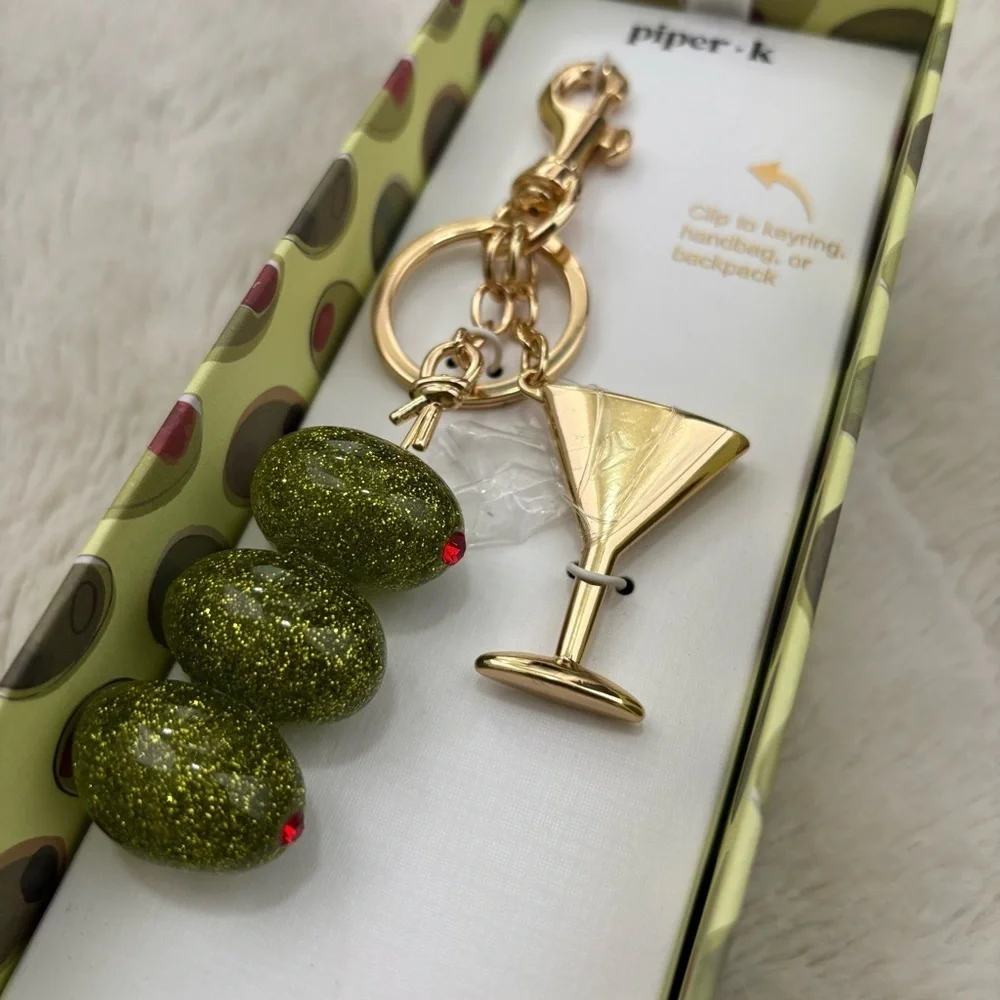 Gold and Green Martini and Glass Stones Olives Keychain Purse Charm